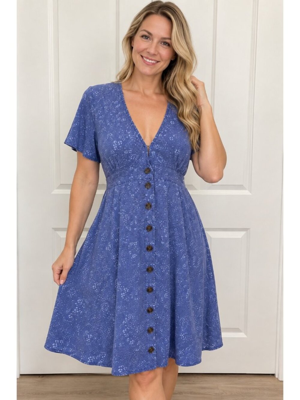 Marine Layer XL Blue Ditsy Floral Button Front Tie Waist Dress Pockets
